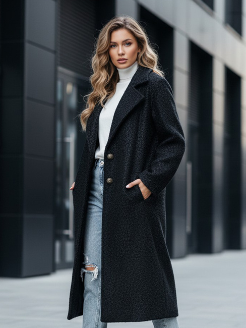 Długi płaszcz damski typu baranek czarny Dstreet NY0754z
