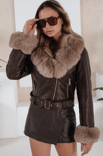 Kurtka skórzana damska z futerkiem brązowa Dstreet TY5211