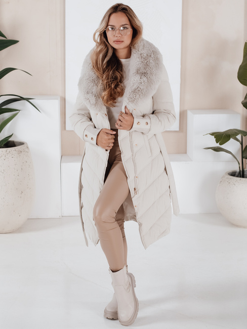 Kurtka zimowa damska pikowana z futerkiem ecru Dstreet TY5078