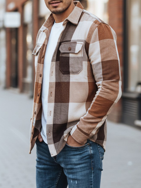 Koszula męska flanelowa w kratę kamelowa Dstreet DX2674