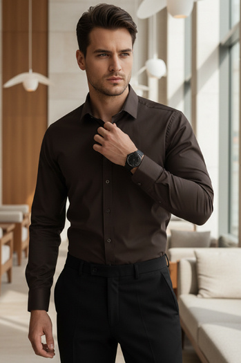 Koszula męska REGULAR FIT elegancka gładka ciemnobrązowa Dstreet DX2685