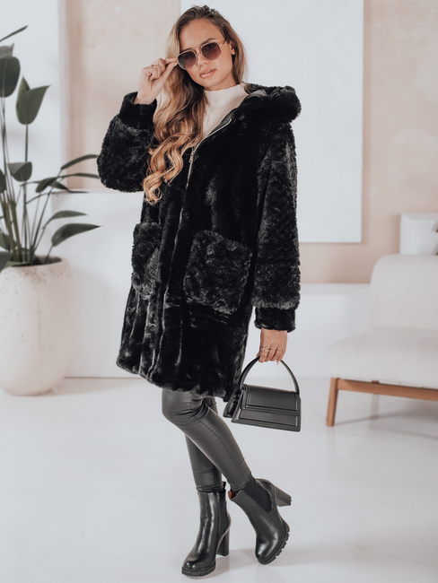 Płaszcz damski futerkowy MISSFLUFF czarny Dstreet TY4982