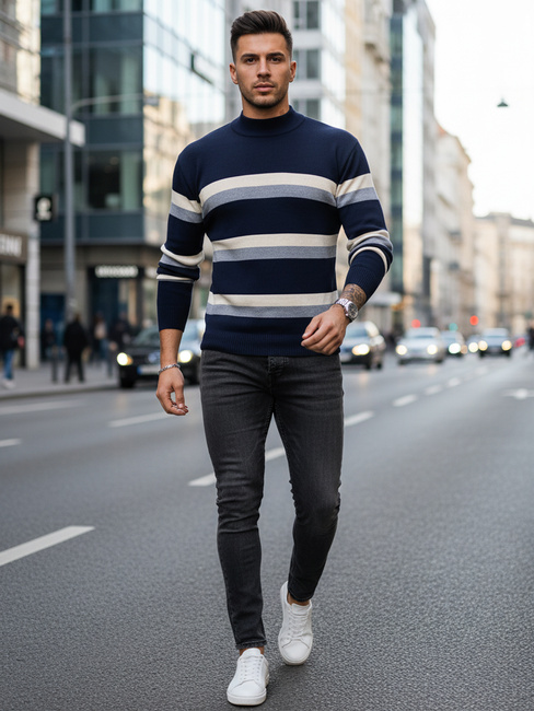 Sweter męski półgolf w paski granatowy Dstreet WX2126