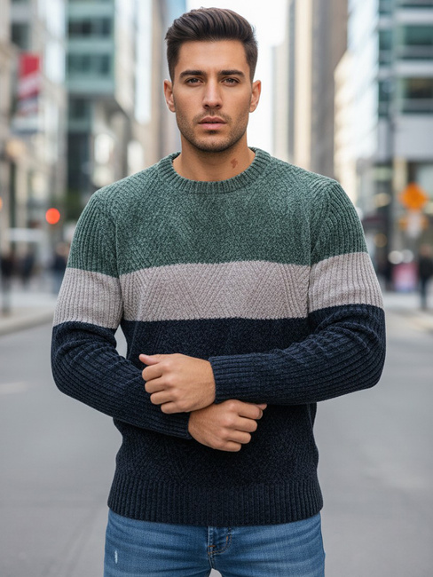 Sweter męski z okrągłym dekoltem zielono-granatowy Dstreet WX2319