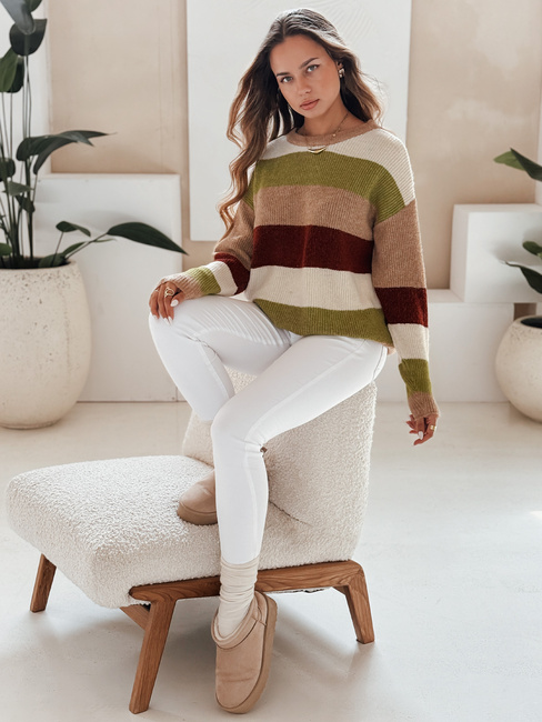 Damski sweter w paski CALVENA kamelowo-zielony Dstreet MY2559