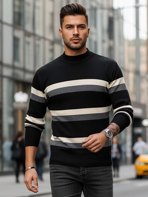 Sweter męski półgolf w paski czarny Dstreet WX2127