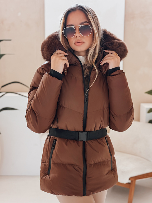 Kurtka damska zimowa pikowana z kapturem LOVELINA brązowa Dstreet TY4953