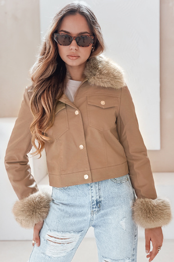 Kurtka skórzana damska z futerkiem kamelowa Dstreet TY5139