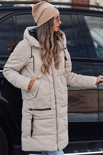 Kurtka zimowa damska NORFFI długa pikowana z kapturem jasnobeżowa Dstreet TY4664