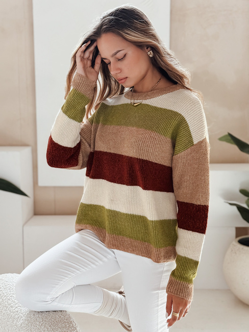 Damski sweter w paski CALVENA kamelowo-zielony Dstreet MY2559