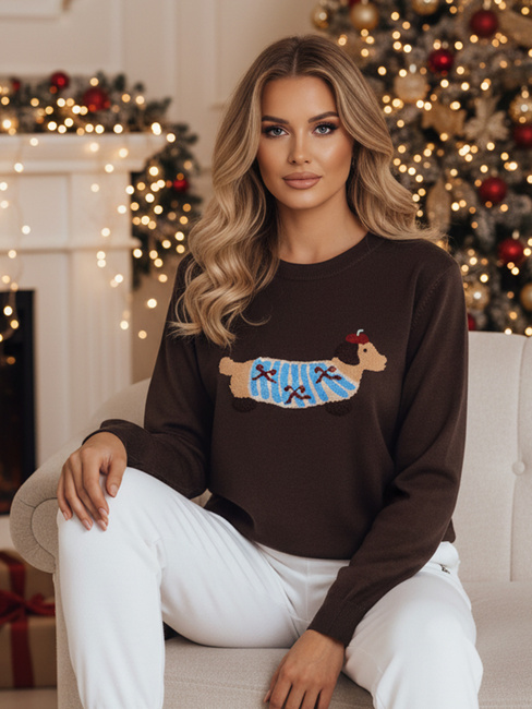 Damski sweter z aplikacją psa CHICPAWS brązowy Dstreet MY2544z