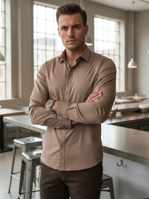 Koszula męska REGULAR FIT elegancka gładka beżowa Dstreet DX2686