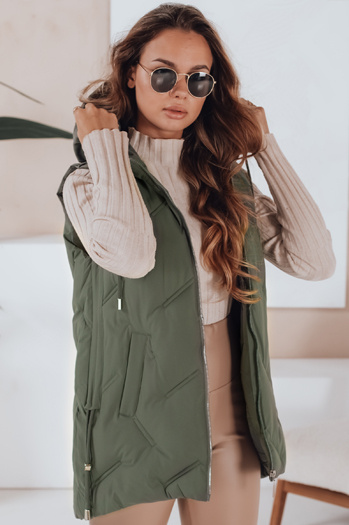 Kamizelka damska długa pikowana z kapturem zielona Dstreet TY5106