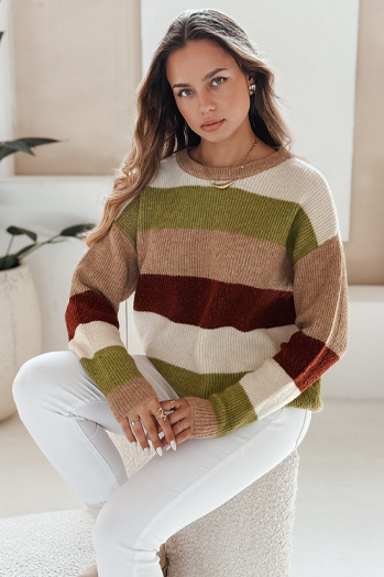 Damski sweter w paski CALVENA kamelowo-zielony Dstreet MY2559