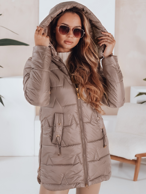 Kurtka zimowa damska pikowana z kapturem ciemnobeżowa Dstreet TY5093