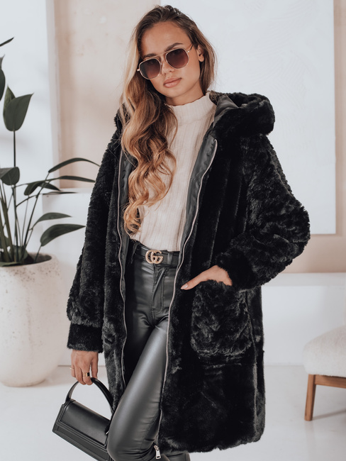 Płaszcz damski futerkowy MISSFLUFF czarny Dstreet TY4982
