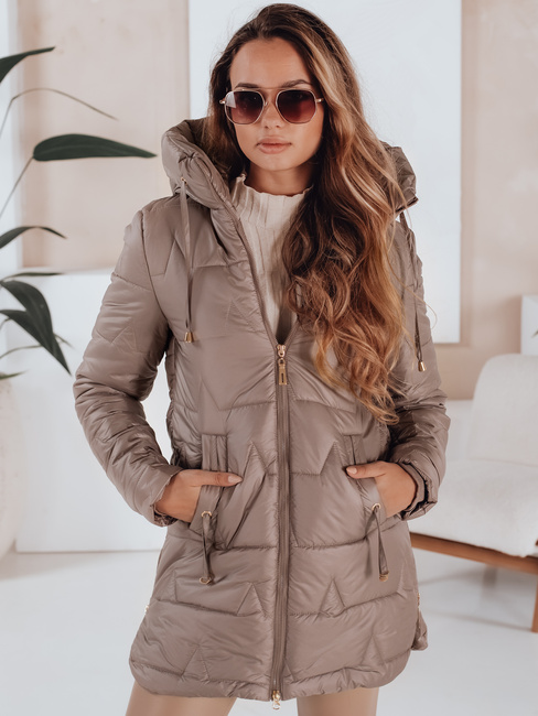 Kurtka zimowa damska pikowana z kapturem ciemnobeżowa Dstreet TY5093