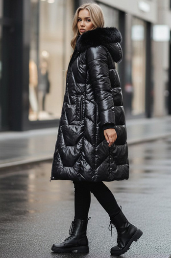 Kurtka damska zimowa ELECIO długa pikowana z kapturem czarna Dstreet TY5178z