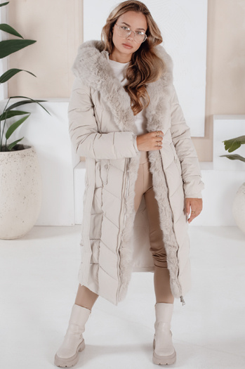 Kurtka zimowa damska długa pikowana z futerkiem ecru Dstreet TY5088