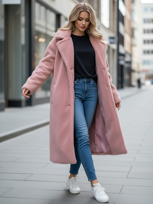 Płaszcz zimowy damski teddy futrzany długi różowy Dstreet NY0751z