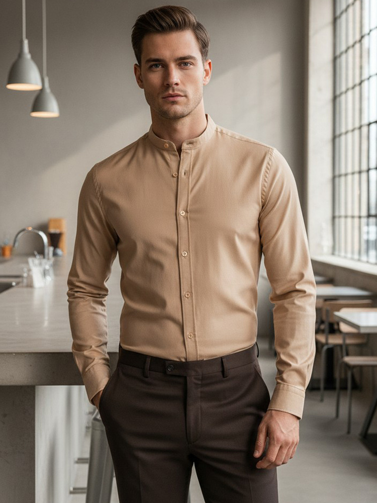 Béžová pánska košeľa na voľný čas so stojačikom Dstreet DX2601