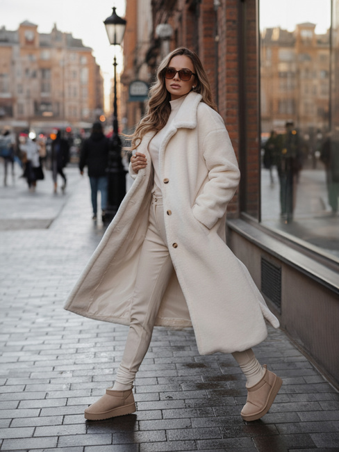 Płaszcz zimowy damski teddy futrzany długi kremowy Dstreet NY0750z