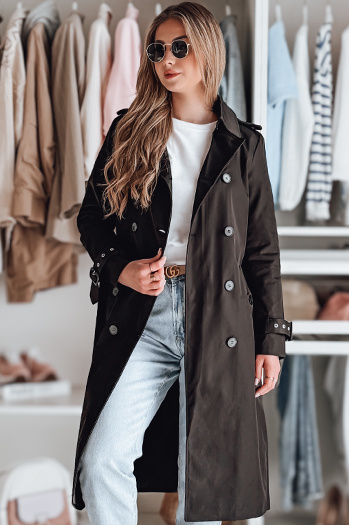 Płaszcz damski długi z paskiem SLIMFOTA czarny Dstreet NY0747