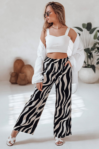 Spodnie damskie wide leg w paski ZEBRAVIBE beżowo-czarne Dstreet UY2653