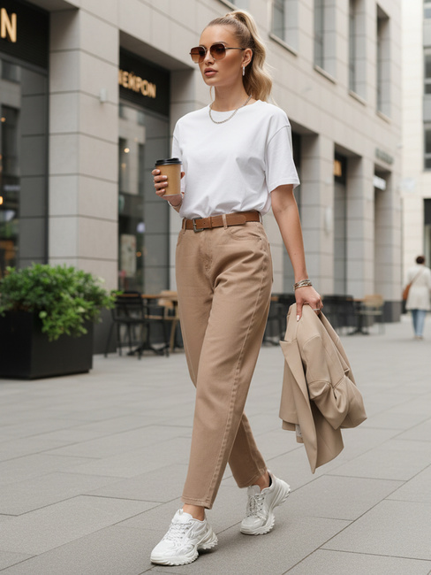 Jeansy damskie z paskiem mom fit beżowe Dstreet UY2880