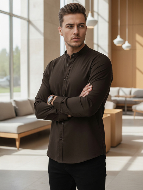 Koszula męska SLIM FIT casualowa ze stójką brązowa Dstreet DX2678