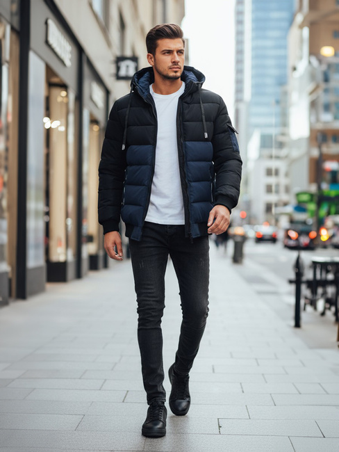 Kurtka męska zimowa z kapturem granatowo-czarna Dstreet TX5098