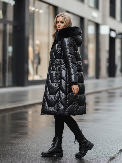 Kurtka damska zimowa ELECIO długa pikowana z kapturem czarna Dstreet TY5178z
