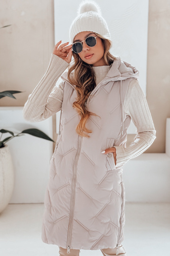 Kamizelka damska długa pikowana z kapturem beżowa Dstreet TY5099