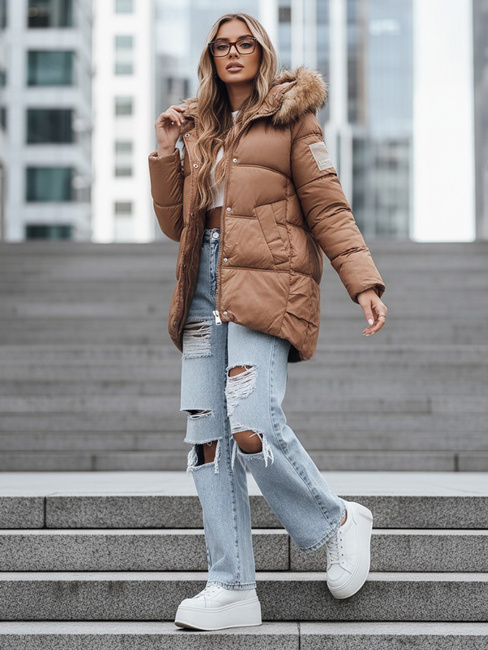 Kurtka damska zimowa pikowana z kapturem kamelowa Dstreet TY5508