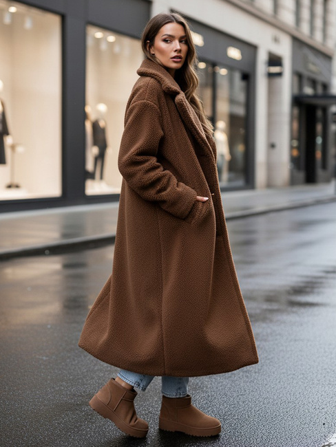 Płaszcz zimowy damski teddy futrzany długi kamelowy Dstreet NY0759z