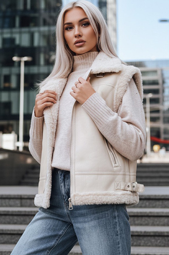 Kamizelka damska skórzana z kożuchem beżowa Dstreet TY5238z