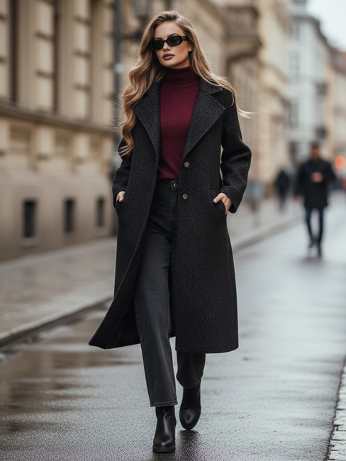 Długi płaszcz damski typu baranek czarny Dstreet NY0754z