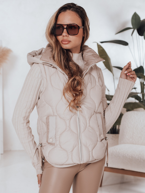 Kamizelka damska pikowana z kapturem MISSVEST beżowa Dstreet TY5020