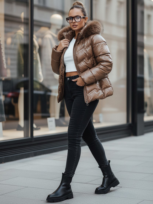 Kurtka damska zimowa pikowana z futerkiem brązowa Dstreet TY5359