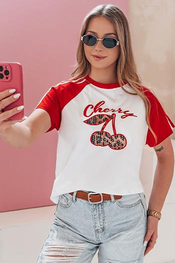 T-shirt damski z efektem 3D CEKINKA czerwony Dstreet RY2866