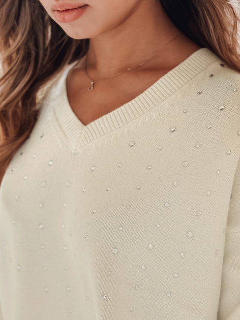 Damski sweter z dekoltem V VERALIA ecru Dstreet MY2517