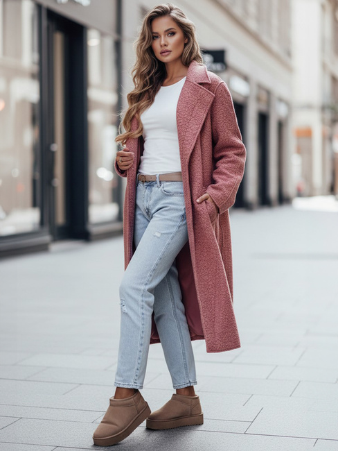 Długi płaszcz damski typu baranek różowy Dstreet NY0755z