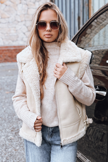Kamizleka damska skórzana z kożuchem beżowa Dstreet TY5238