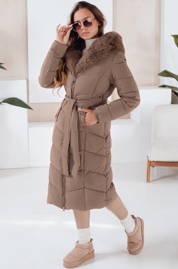 Kurtka zimowa damska długa pikowana z futerkiem ciemnobeżowa Dstreet TY5087