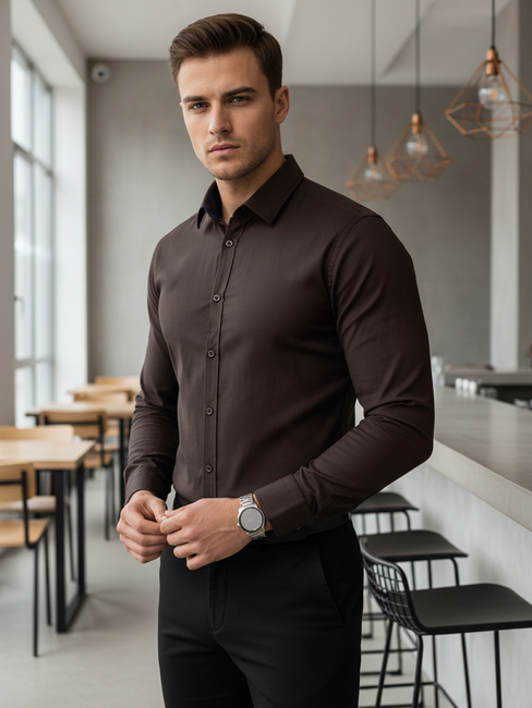 Koszula męska SLIM FIT elegancka gładka ciemnobrązowa Dstreet DX2682