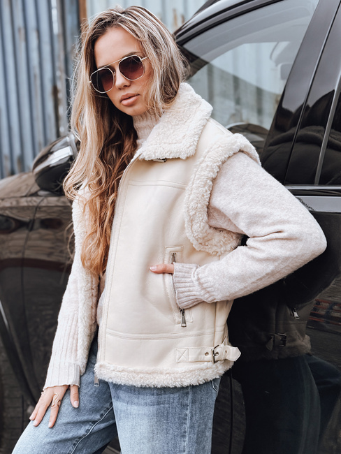 Kamizleka damska skórzana z kożuchem beżowa Dstreet TY5238