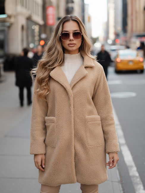 Płaszcz zimowy damski teddy futrzany beżowy Dstreet NY0757z