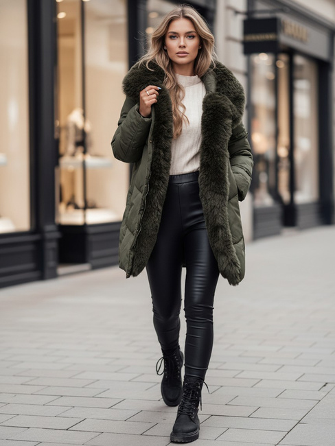 Kurtka damska zimowa MORISIO długa pikowana z kapturem zielona Dstreet TY4671z