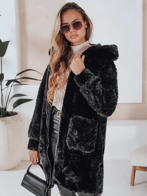 Płaszcz damski futerkowy MISSFLUFF czarny Dstreet TY4982