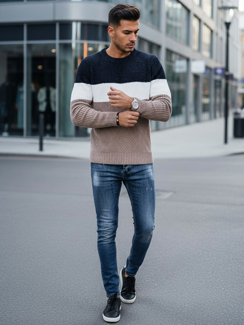 Sweter męski z okrągłym dekoltem granatowo-beżowy Dstreet WX2321